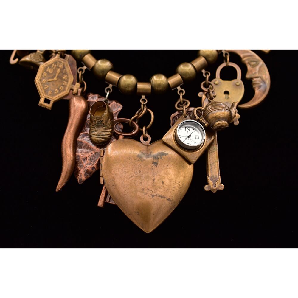 Vintage Brass Charm Necklace Heart Locket Key Cross Sweetheart Statement BinY